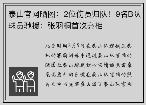 泰山官网晒图:2位伤员归队!9名B队球员驰援:张羽桐首次亮相 泰山官网晒图:2位伤员归队!9名B队球员驰援:张羽桐首次亮相